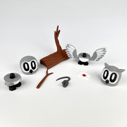 Set Figurine Bufnita Hedwig – Harry Potter 3D, cu Buturuga Magnetica Frigider, Crenguta si Soarece – Set Decorativ